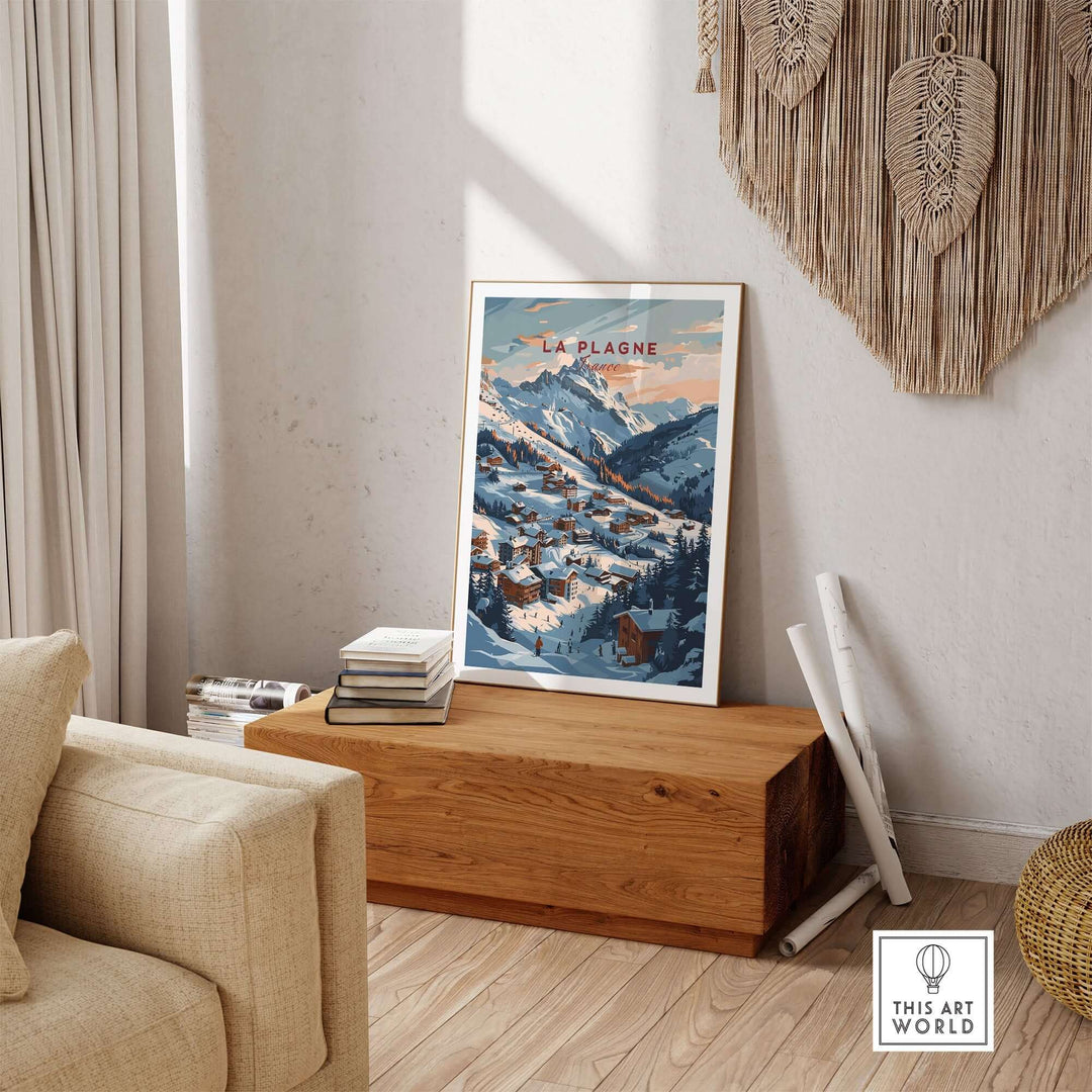 Stylish La Plagne ski poster in modern living room setting, featuring snowy mountain scenery and cozy alpine village.