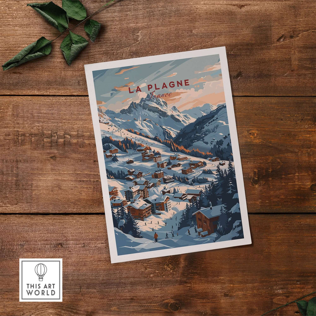 Vintage-style La Plagne ski poster on wooden background, showcasing snowy mountain landscape and resort in France.