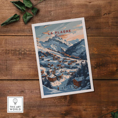 Vintage-style La Plagne ski poster on wooden background, showcasing snowy mountain landscape and resort in France.