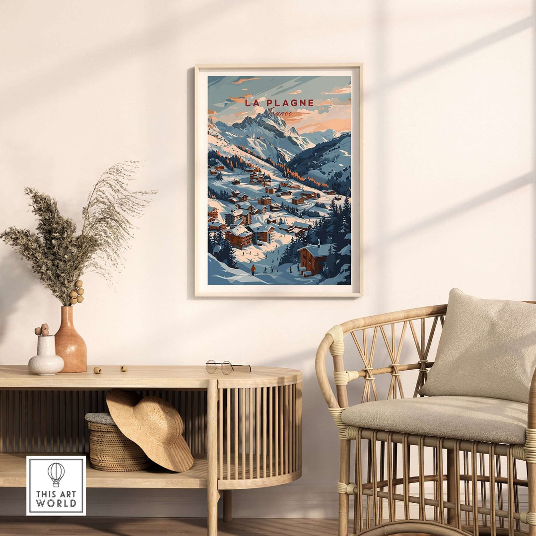 La Plagne ski poster in a cozy room setting, showcasing a snowy alpine landscape, perfect for winter sports enthusiasts.