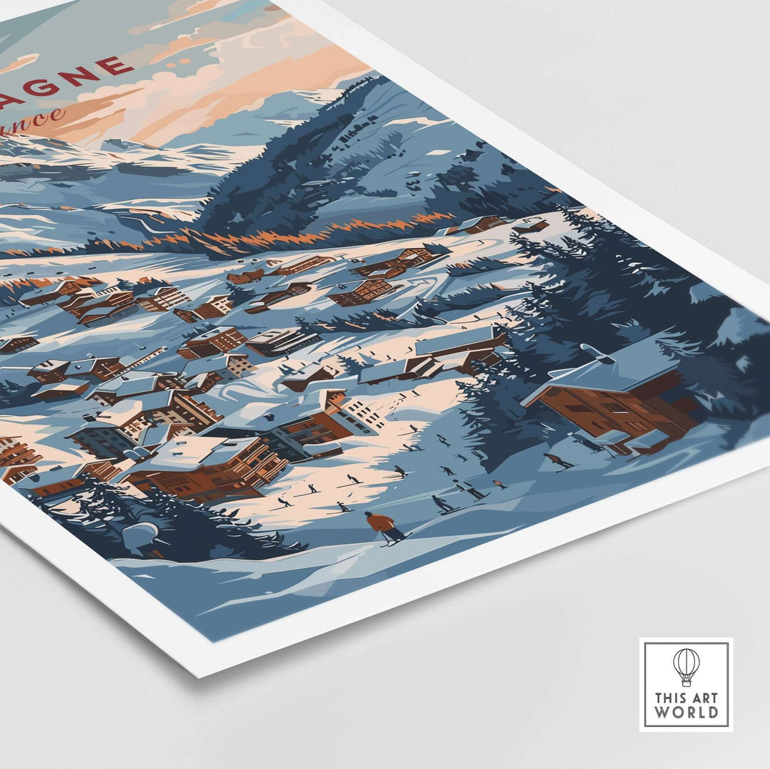 Vintage La Plagne ski poster with snowy village landscape and mountains, perfect for winter sports enthusiasts and art collectors.