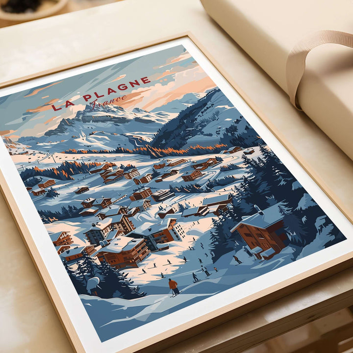 Vintage-style La Plagne ski poster showcasing snowy mountains and a village scene in a framed art print.