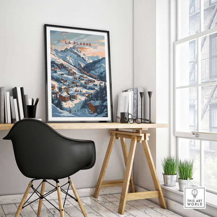 La Plagne ski poster in stylish modern room, showcasing a winter mountain scene with snow-covered slopes and cozy chalets.