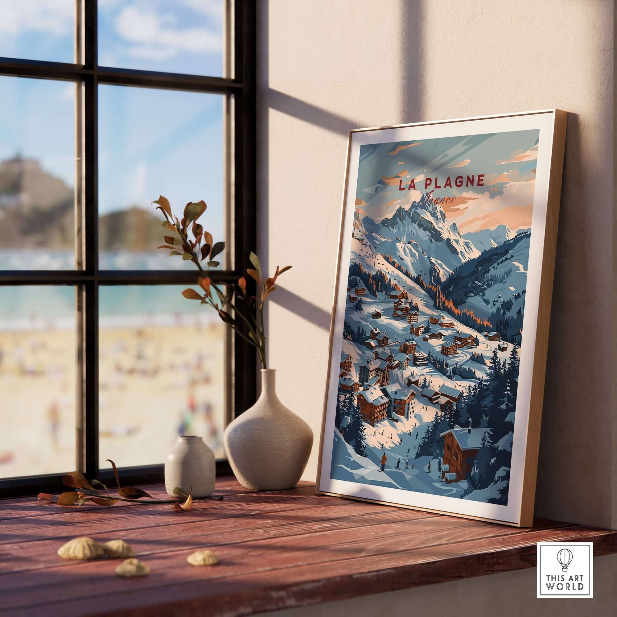 La Plagne ski poster displayed on a sunlit windowsill with decorative vases, showcasing stunning mountain and village scenery.