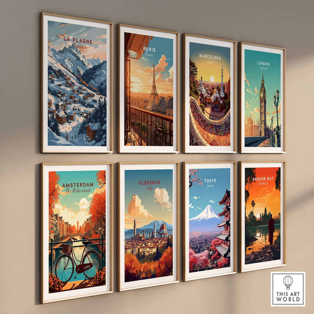 Collection of colorful travel posters featuring La Plagne ski resort, Paris, Barcelona, London, Amsterdam, Florence, Tokyo, and Angkor Wat.