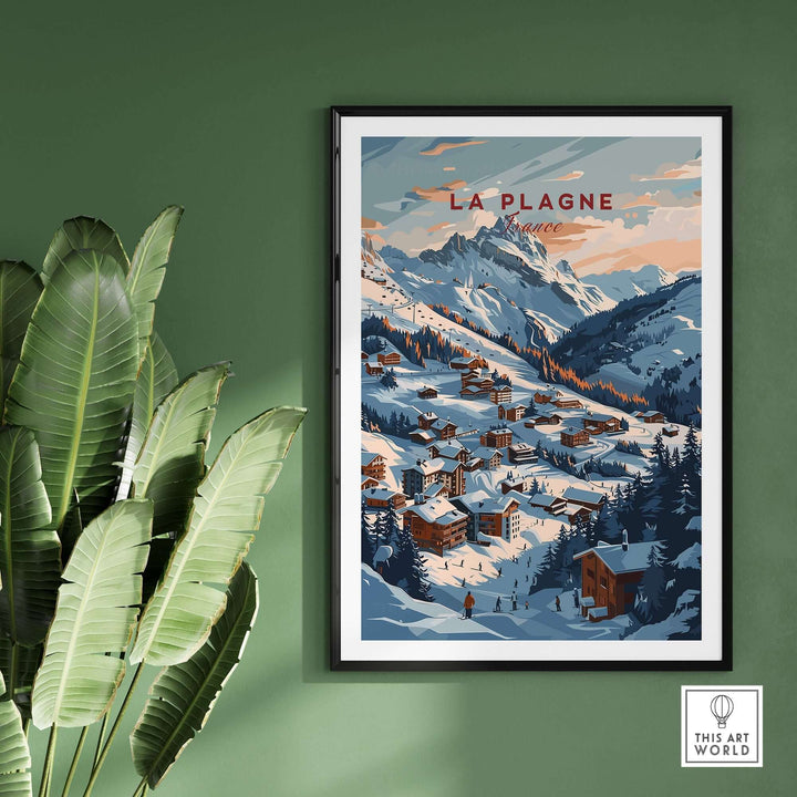 La Plagne ski poster featuring a vintage winter landscape of snowy mountains and chalets, displayed in a stylish room.