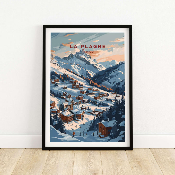 Vintage-style La Plagne ski resort poster with snowy mountain landscape and chalets, ideal for winter sports enthusiasts and decor.