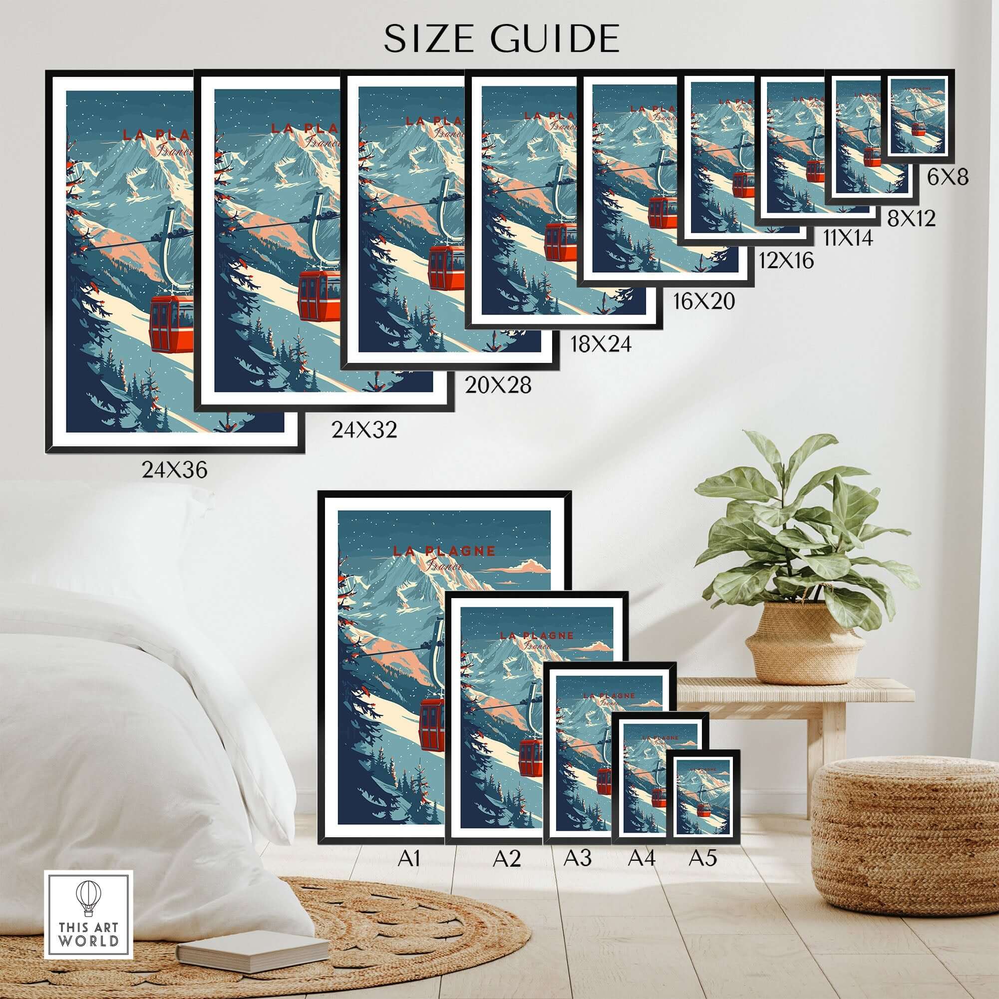 La Plagne Ski Wall Art Print size guide with various dimensions displayed in a room setup.