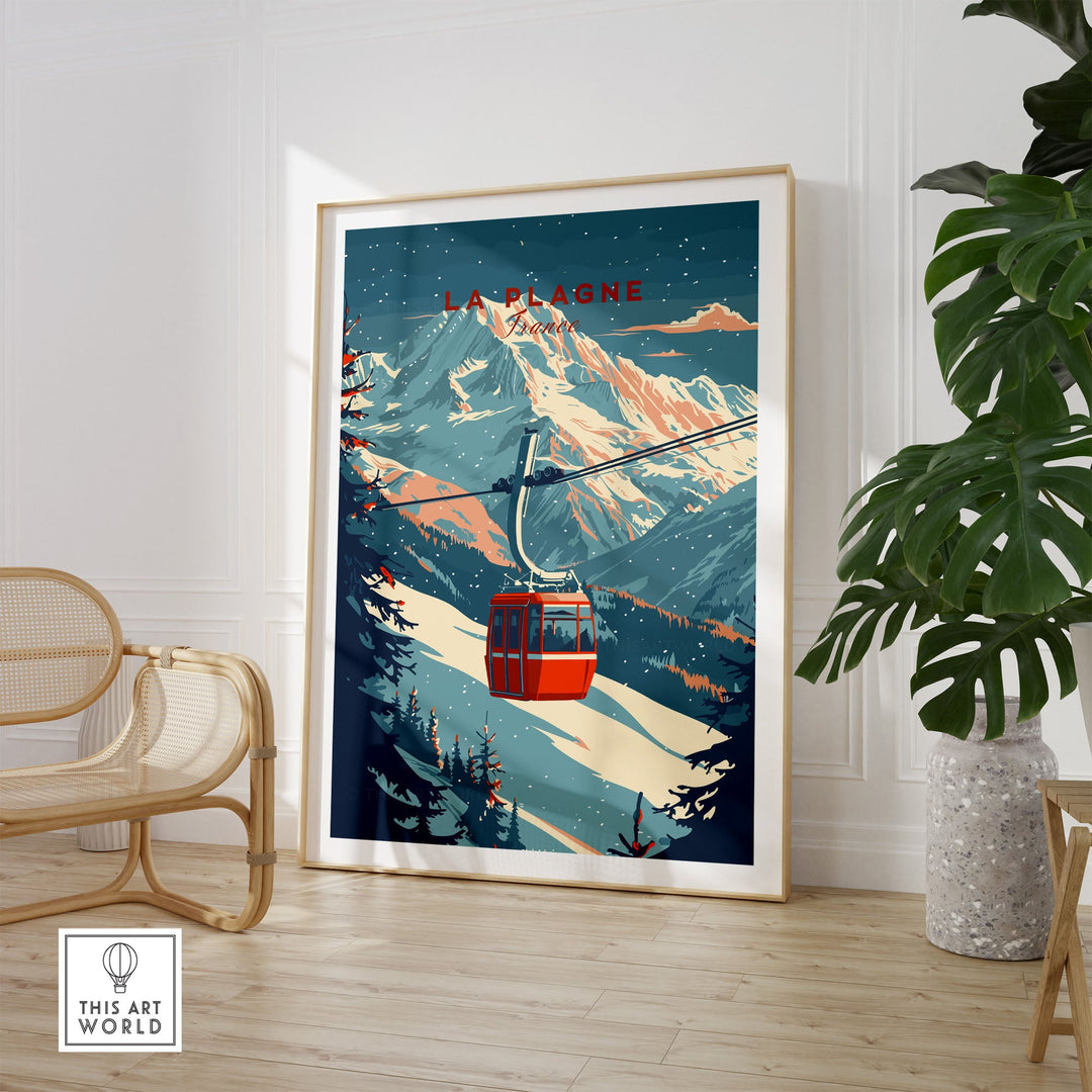 La Plagne ski wall art print with cable car, mountain landscape decor in modern living room.