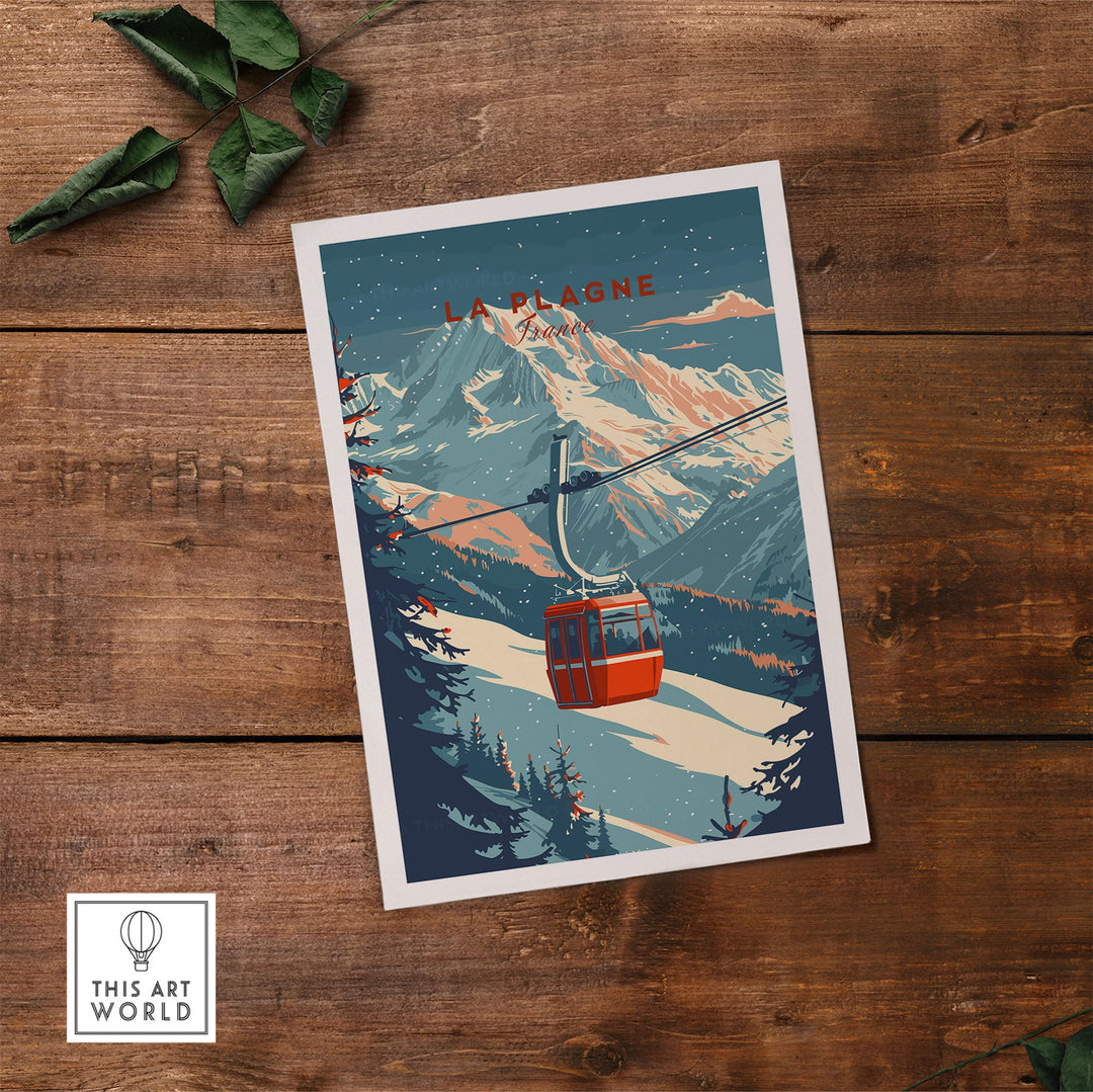 La Plagne Ski Wall Art Print featuring a cable car in snowy mountains on a rustic wood background.