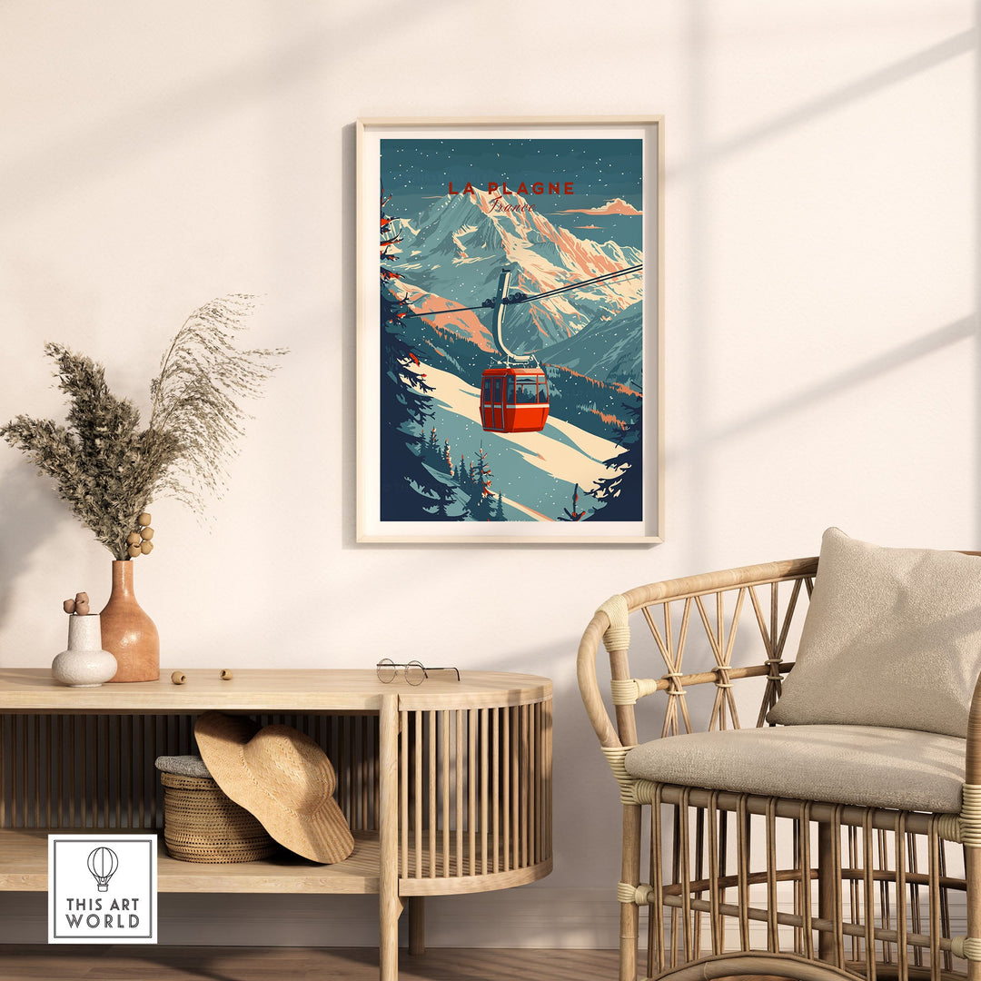 La Plagne Ski Wall Art Print featuring a snowy mountain scene with a red cable car, displayed in a cozy, modern living room setting.