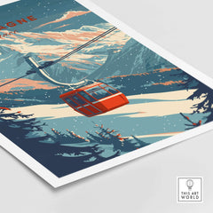 La Plagne ski wall art print featuring cable car and snowy mountains in vibrant colors. Perfect for winter sports enthusiasts.