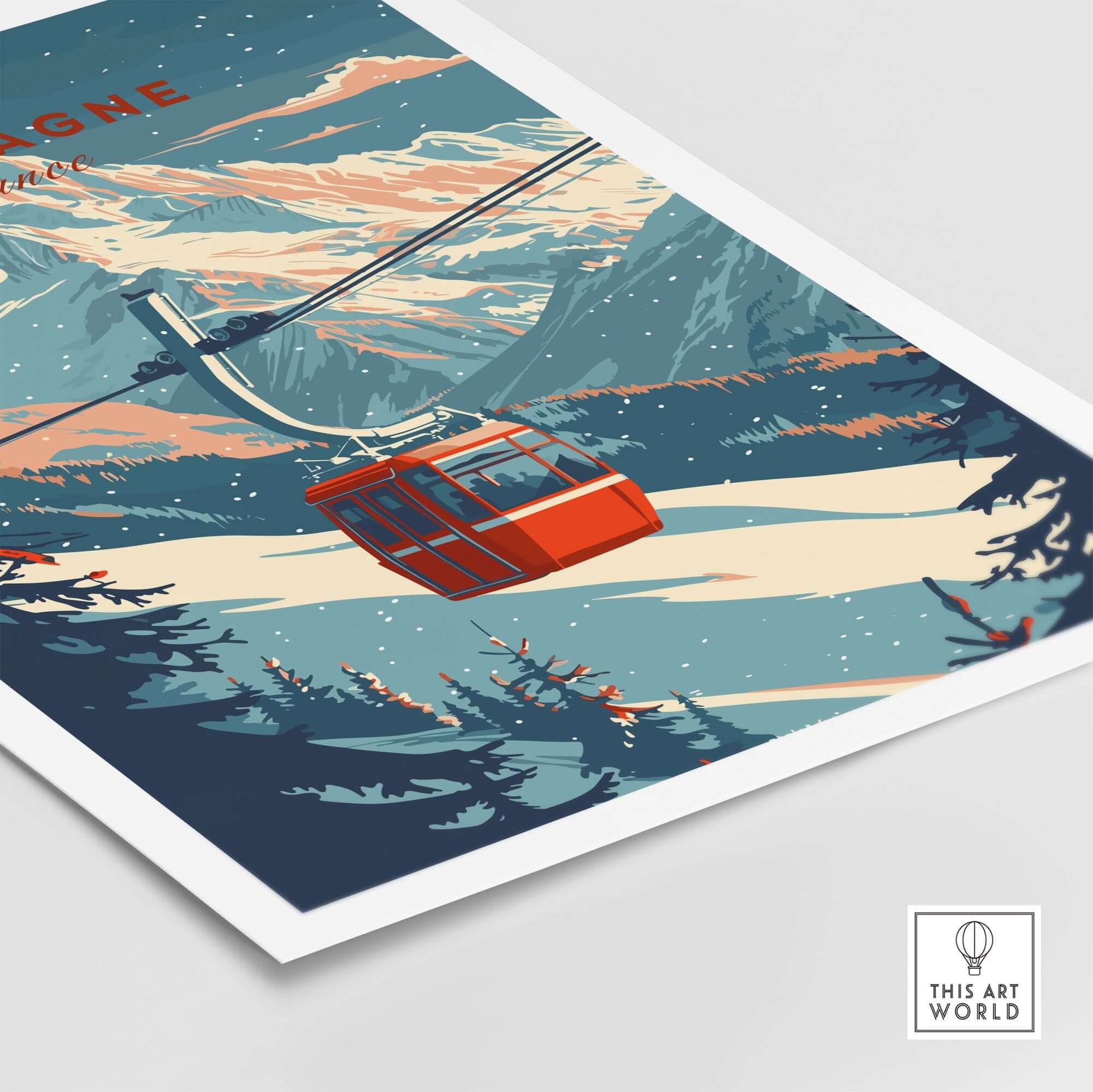 La Plagne ski wall art print featuring cable car and snowy mountains in vibrant colors. Perfect for winter sports enthusiasts.