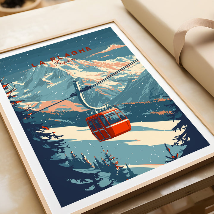 La Plagne ski lift wall art print featuring scenic snowy mountains and a red cable car, perfect for winter sports enthusiasts.