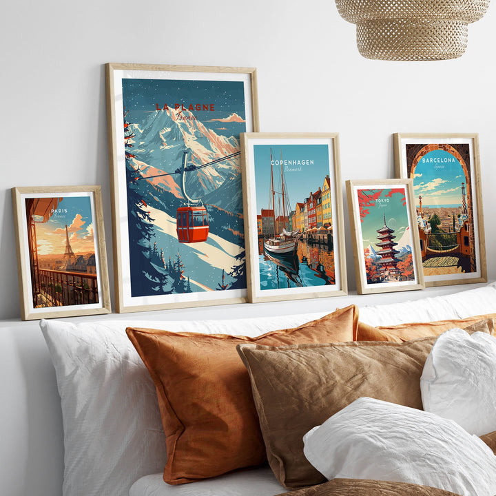 Collection of framed travel-themed wall art prints, featuring La Plagne ski scene and various international destinations.