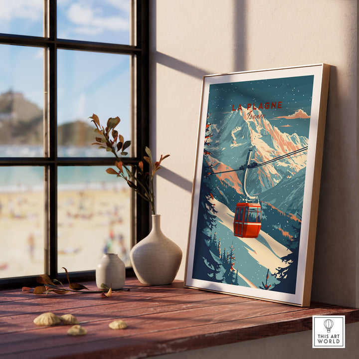 La Plagne Ski Wall Art Print on Wooden Shelf by a Sunny Window with Mountain View