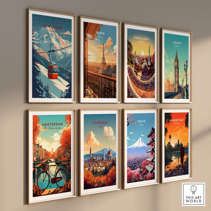 La Plagne Ski and city-themed wall art prints featuring travel destinations like Paris, Barcelona, and more on display.