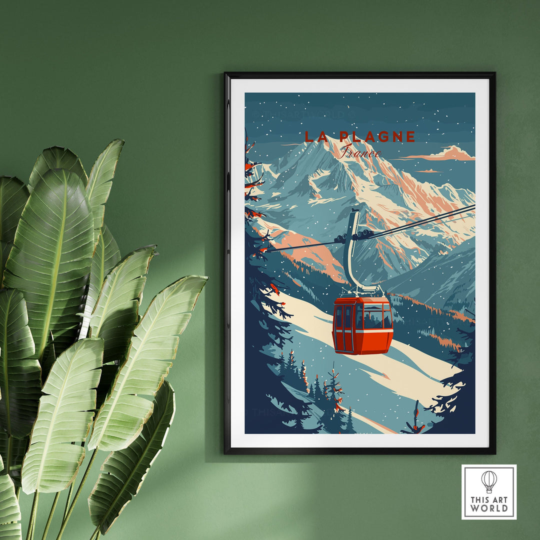 Retro La Plagne ski wall art print featuring a mountain landscape and red cable car, perfect for adding a vintage touch to your decor.