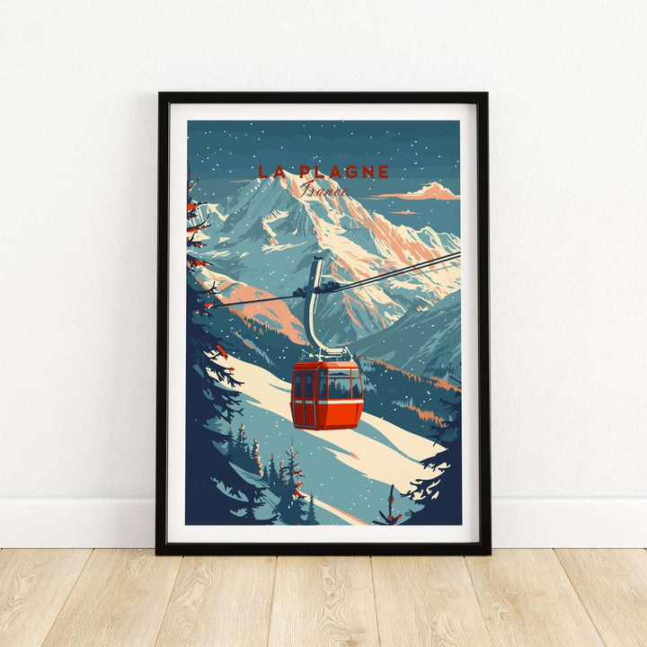 Vintage La Plagne ski wall art print featuring a cable car and mountain landscape in a stylish frame.