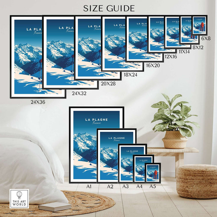 La Plagne travel poster size guide showcasing various print sizes for ski wall art featuring the French Alps.