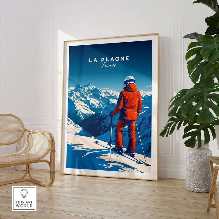 La Plagne travel poster featuring a skier in the French Alps, showcasing winter scenery and adventure-inspired art.