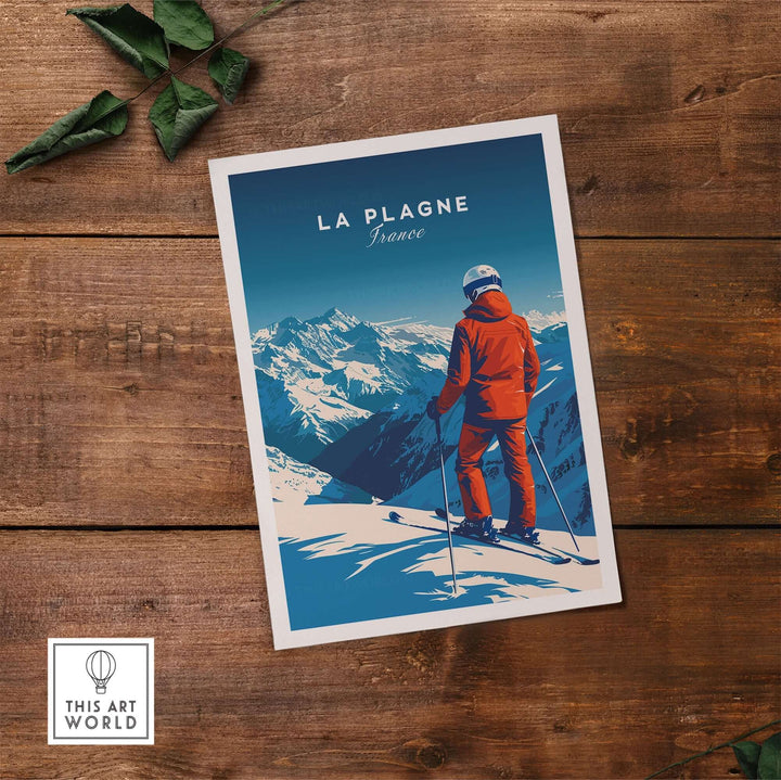 La Plagne travel poster showcasing a skier against stunning French Alps scenery, perfect for ski wall art.