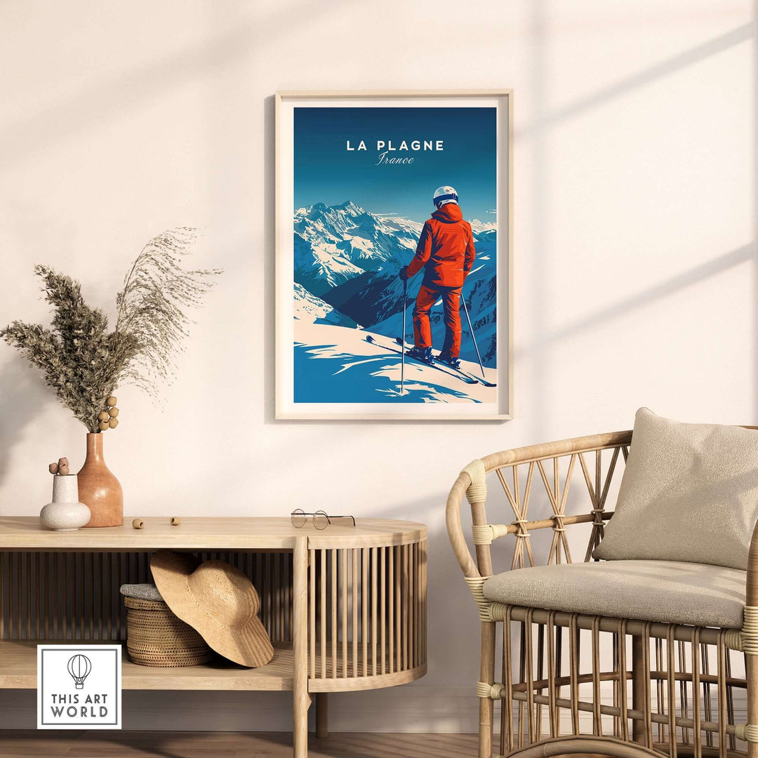 La Plagne travel poster showcasing a skier on a snowy mountain, perfect for winter decor and ski trip inspiration.