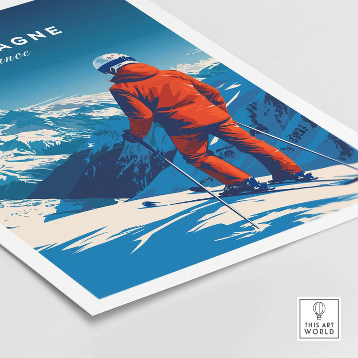 La Plagne travel poster featuring a skier in an orange outfit on a snowy slope, showcasing the French Alps' winter landscape.