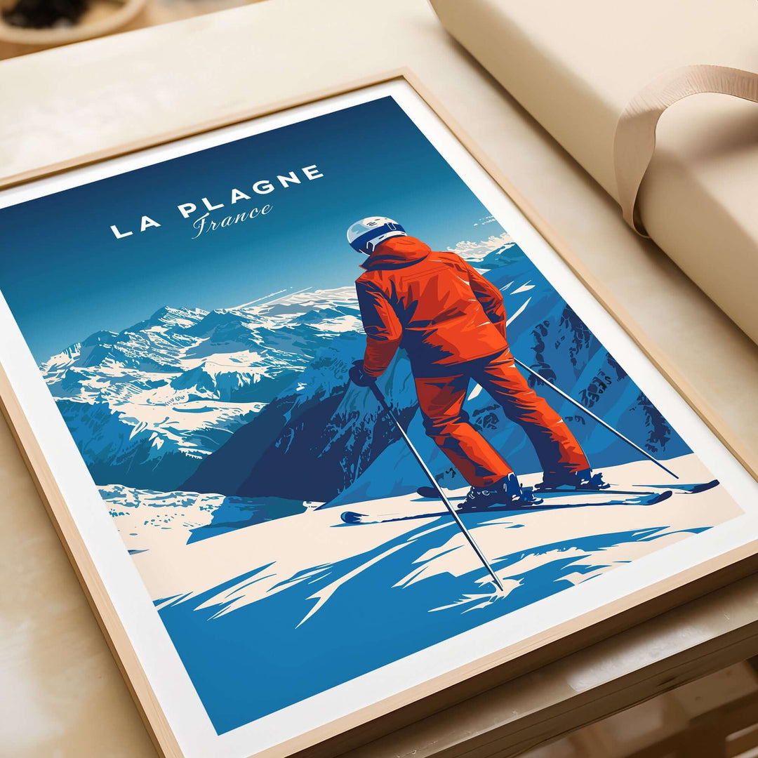 La Plagne travel poster featuring a skier on a snowy mountain, showcasing the beauty of the French Alps in winter.