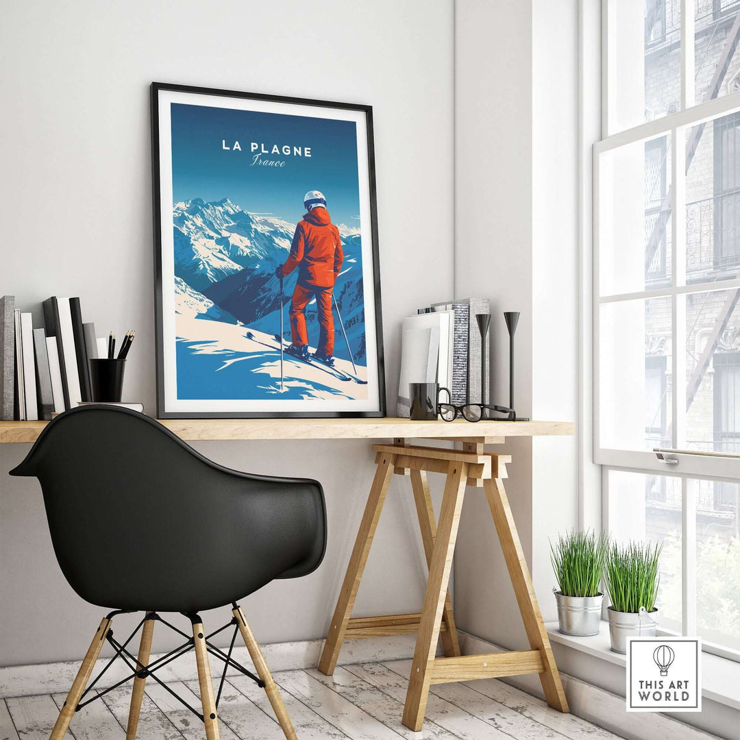 La Plagne travel poster featuring a skier against a stunning winter landscape, perfect for ski-themed decor.