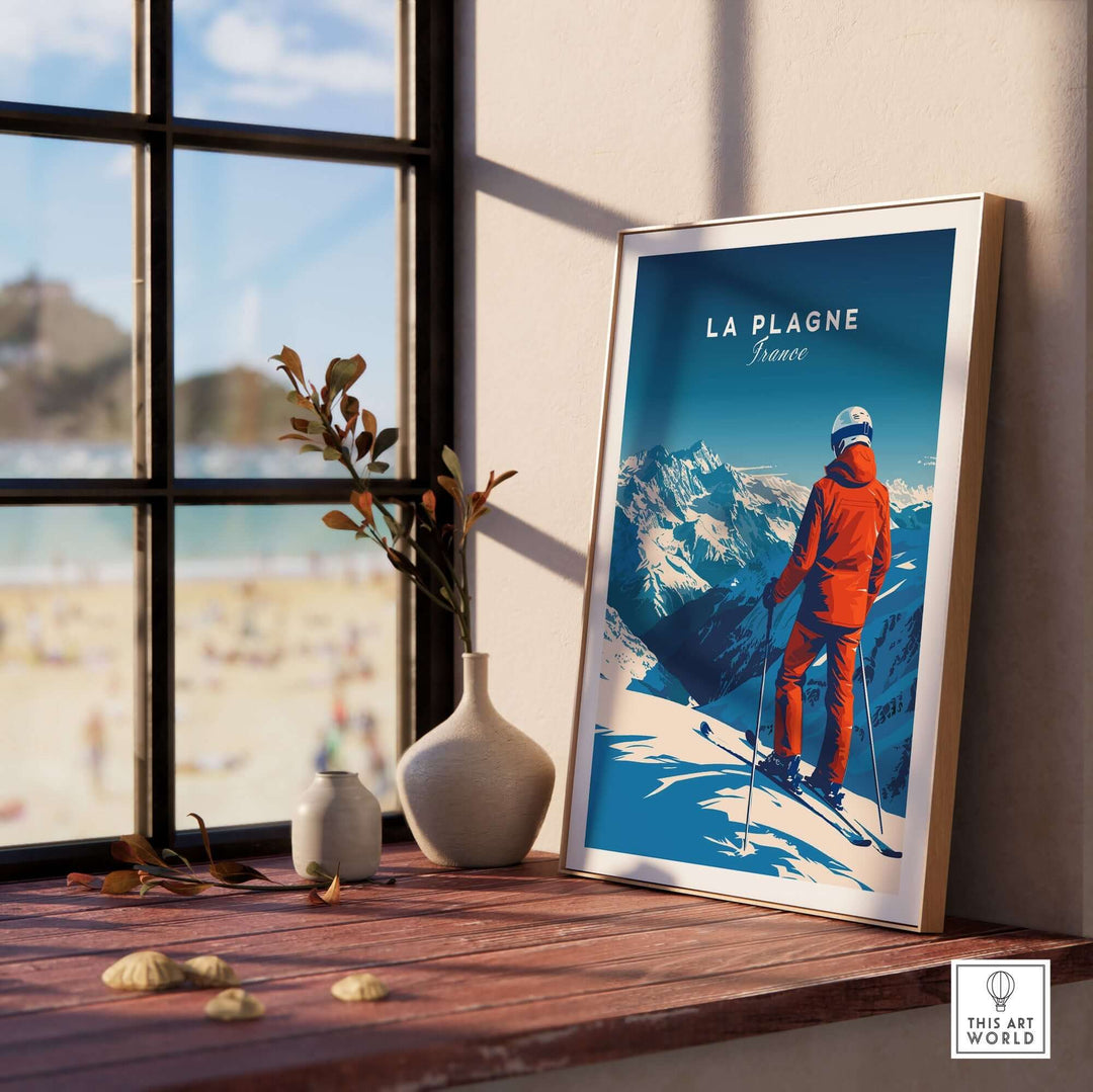 La Plagne travel poster featuring a skier overlooking the French Alps, perfect for ski decor and inspiration for winter adventures.