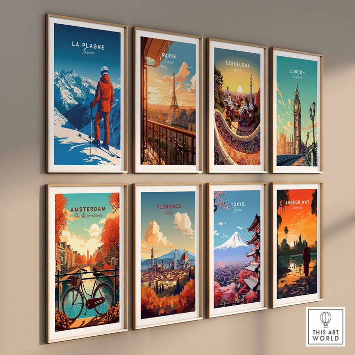 La Plagne travel poster featuring ski scenes alongside iconic city posters for Paris, Barcelona, London, and more.