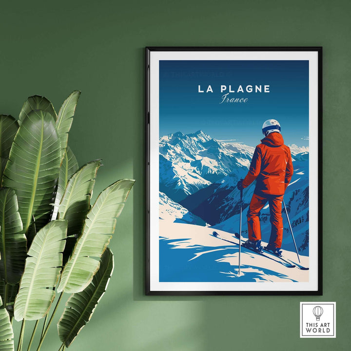 La Plagne travel poster featuring a skier in the French Alps, perfect for ski wall art and adventure decor.