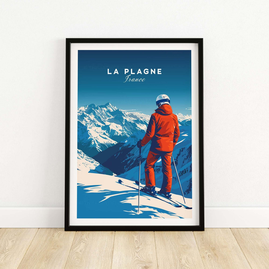 La Plagne Travel Poster featuring a skier on a snowy mountain in the French Alps, perfect for ski wall art.