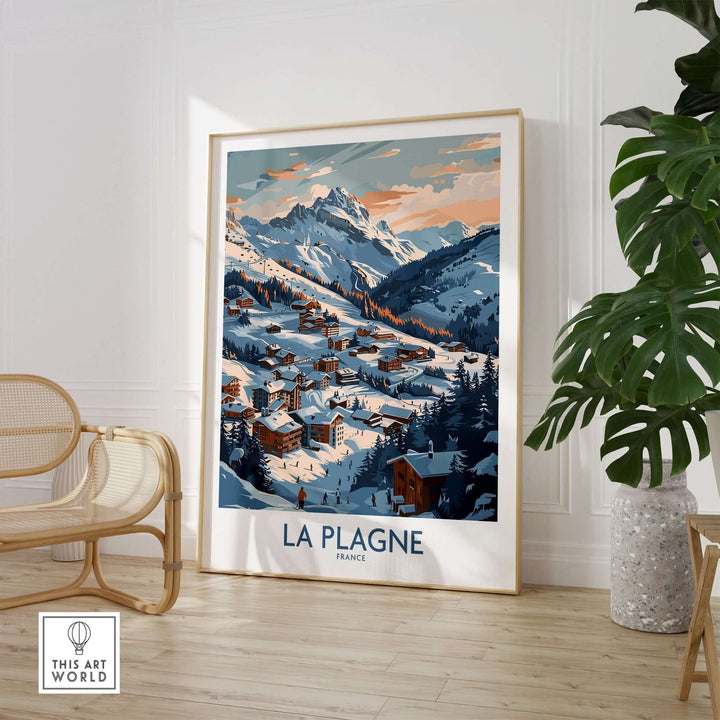 La Plagne wall art featuring a scenic winter mountain landscape, framed in a modern living room setting with decor elements.