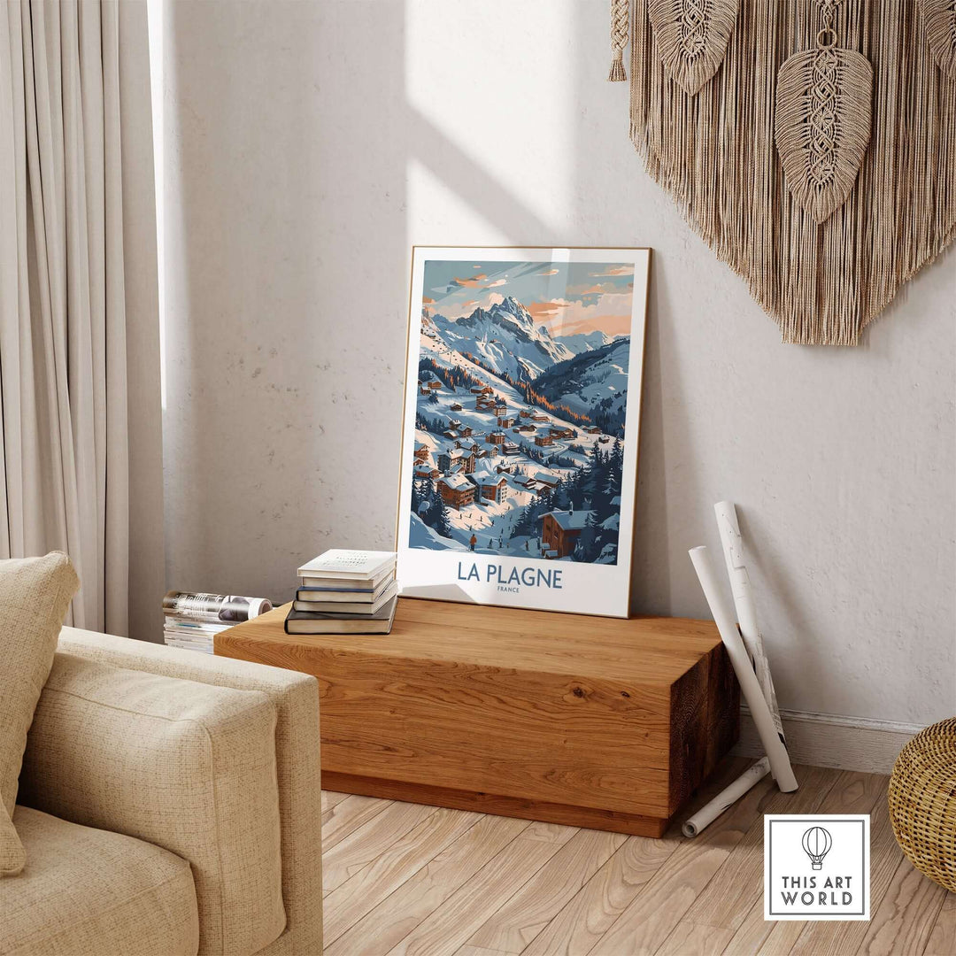 La Plagne wall art featuring snowy mountain landscape in cozy living room setting with wooden accents and woven decor.