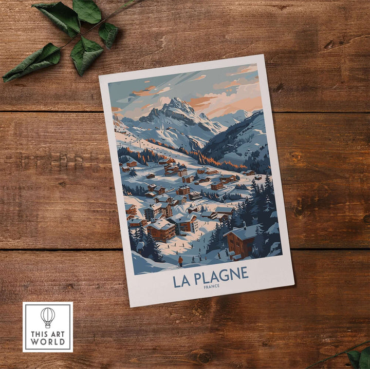 Vintage-inspired La Plagne wall art print on rustic wooden background, depicting a snowy mountain village scene in France.