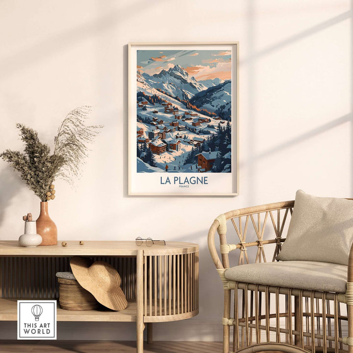 La Plagne wall art displayed in a cozy room with rattan chair and wooden console table, capturing a scenic mountain landscape.