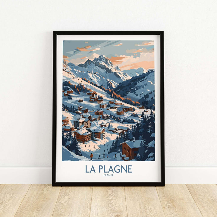 La Plagne Wall Art featuring a scenic view of snowy mountains and a charming village in a sleek black frame.