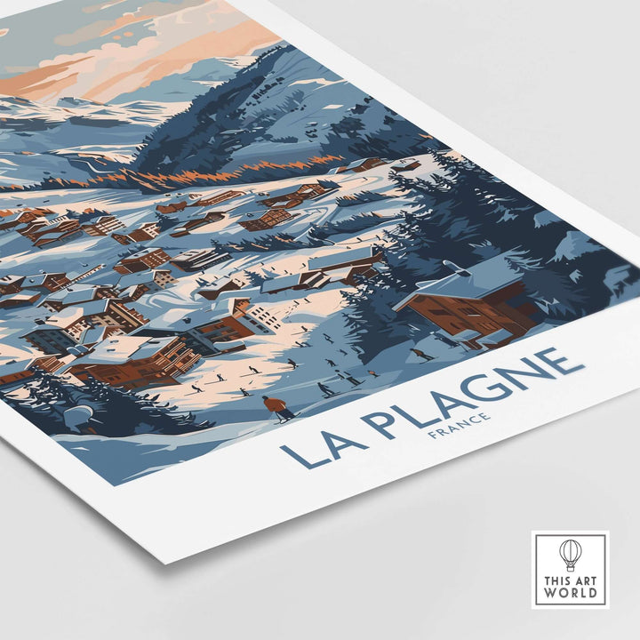 La Plagne wall art featuring a snowy mountain village landscape with chalets, invoking a serene winter atmosphere in France.