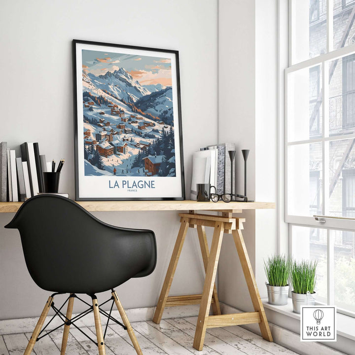 La Plagne wall art in modern workspace, featuring a mountain landscape poster on a wooden desk with a black chair