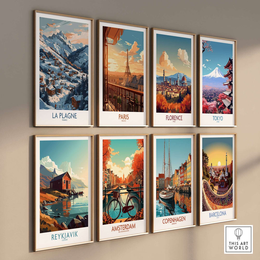 Collection of framed wall art featuring La Plagne, Paris, Florence, Tokyo, Reykjavik, Amsterdam, Copenhagen, and Barcelona.