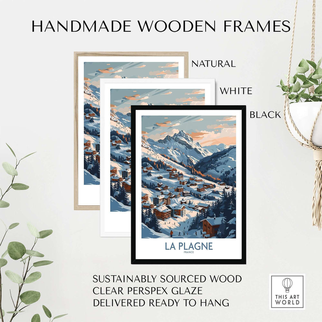 La Plagne wall art with handmade wooden frames in natural, white, and black. Sustainable wood, ready to hang.