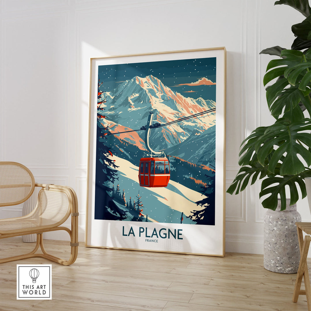 La Plagne wall art ski poster featuring a cable car with snowy mountain backdrop, perfect for ski enthusiasts and home decor.