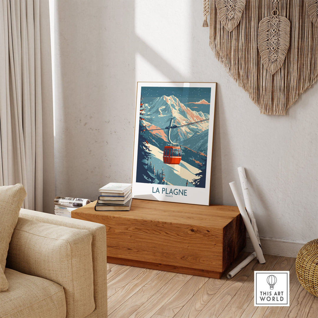 Ski-themed La Plagne wall art poster in cozy living room setting, featuring a scenic mountain cable car design.