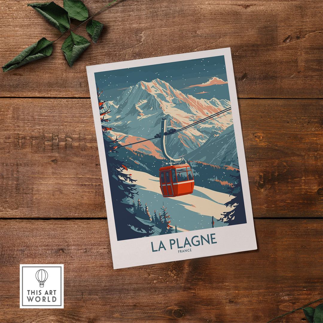 Vintage La Plagne ski poster featuring a cable car and snowy mountains, perfect wall art for ski enthusiasts and decor lovers.