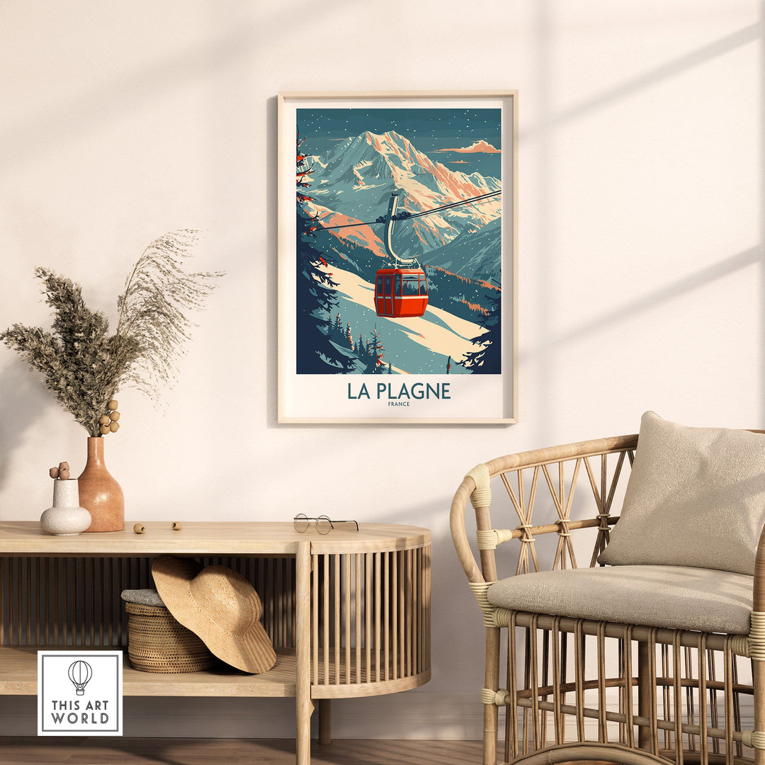 La Plagne wall art ski poster featuring a red cable car against snowy mountain backdrop, displayed in a stylish living room setting.