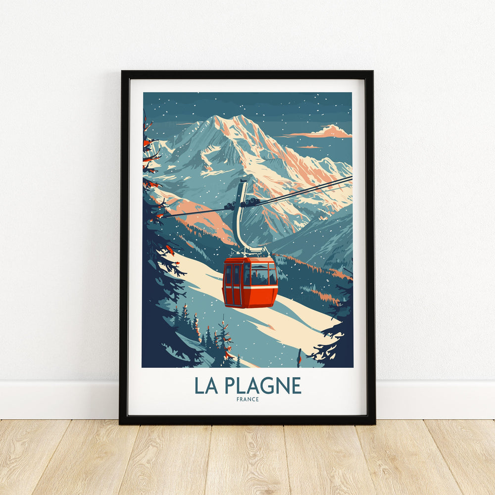 Retro La Plagne Ski Poster with Cable Car and Mountains, Framed Wall Art Décor for Ski Enthusiasts