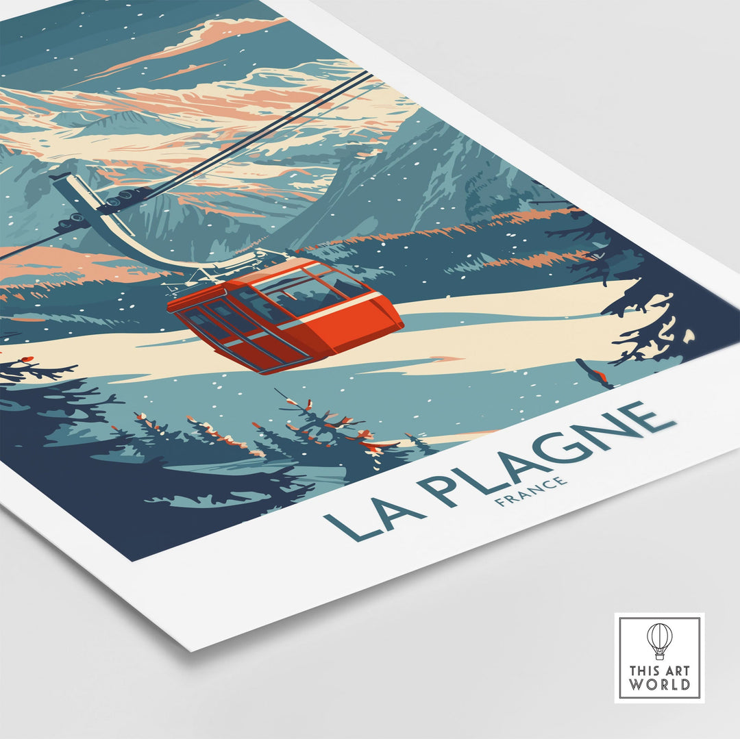 Retro La Plagne ski poster featuring a red cable car in snowy mountains, perfect for winter sports enthusiasts and alpine wall art decor.