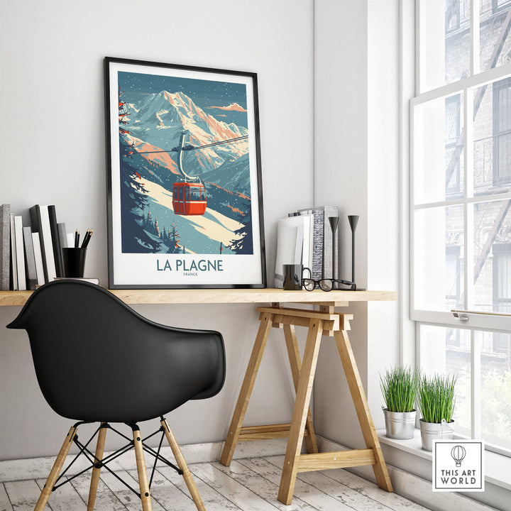 Vintage La Plagne ski poster wall art, featuring a red cable car and snowy mountains, displayed in a stylish modern room.